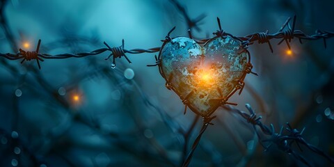 Barbed wire wraps around a heart symbolizing pain and protection in darkness. Concept Darkness, Pain and Protection, Heartache, Symbolism, Barbed Wire