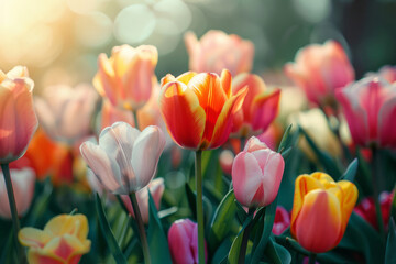 Spring Tulips Close-up with space for text or inscriptions, spring background, selective focus
