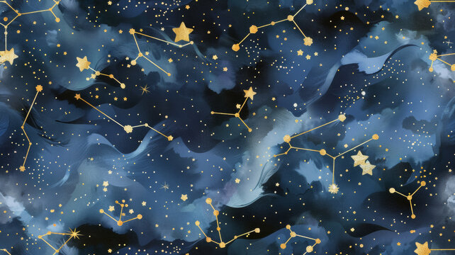 Cosmic fabric design featuring golden constellations against a deep blue backdrop.