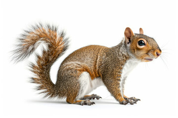 Fototapeta premium Squirrel with fluffy tail isolated on white background close up, side view 