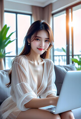 A beautiful young female freelancer is sitting on a comfortable sofa and browsing the internet on her laptop to run a successful business. Luxurious interior. Work from home concept.