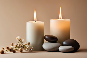 Obraz na płótnie Canvas er Burning candle on a beige background, creating a warm aesthetic composition with stones and dry flowers, perfect for home decor 