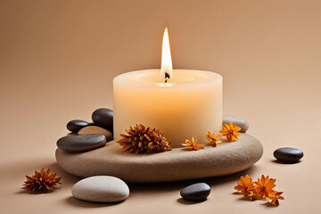 Obraz na płótnie Canvas Burning candle on a beige background, creating a warm aesthetic composition with stones and dry flowers, perfect for home decor