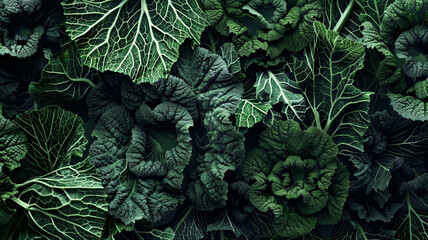 Lush canopy of green cabbage leaves forming an intricate natural pattern. - obrazy, fototapety, plakaty
