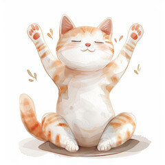 Cat doing yoga watercolor art on white background