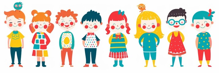Fototapeta premium Variety of cartoon vector children in colorful outfits. A diverse group of cartoon children standing in row wearing various colorful outfits representing different styles and personalities 
