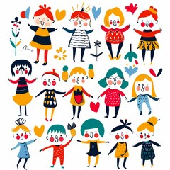 Fototapeta premium Variety of cartoon vector children in colorful outfits. A diverse group of cartoon children standing in row wearing various colorful outfits representing different styles and personalities 
