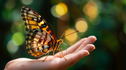 Majestic butterfly resting on human hand, delicate wings detailed against a soft bokeh backdrop