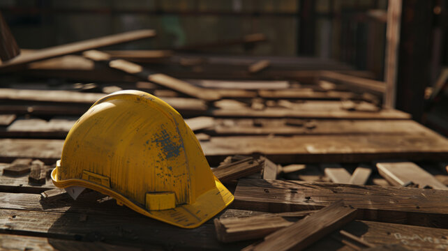 Worn-out construction helmet lies abandoned on a chaotic pile of lumber.