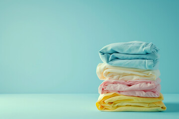 Stack of fresh clean bedding in a pastel color palette isolated on a blue empty background with...
