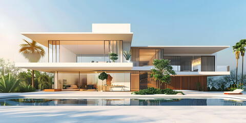  Minimalist modern white house exterior with swimming pool terrace Modern villa with a minimalist exterior, incorporating clean lines and large glass panels  - obrazy, fototapety, plakaty