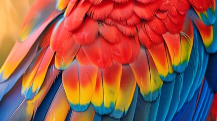 Colorful of Scarlet macaw bird's feathers with red yellow orange and blue shades, exotic nature background and texture 