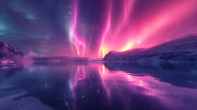 a dreamy but hyperreal landscape where the northern lights meet a crystal-clear mountain lake sharpness