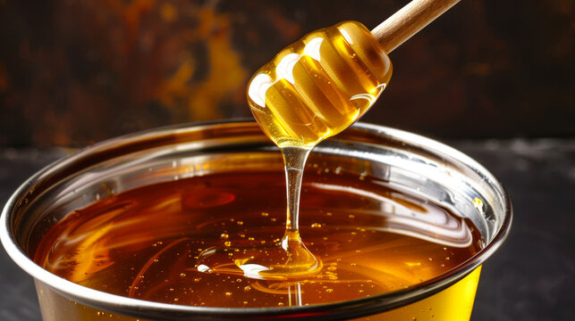 Golden honey dripping from a spoon in a jar, the slow flow of thick syrup glistening in close-up