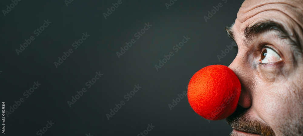 Poster a man with a red nose and red paint on his face. he is looking at the camera with a surprised expres