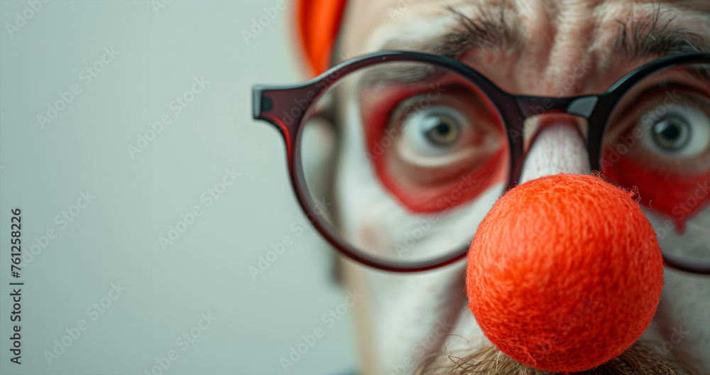 Poster a man with a red nose and red paint on his face. he is looking at the camera with a surprised expres