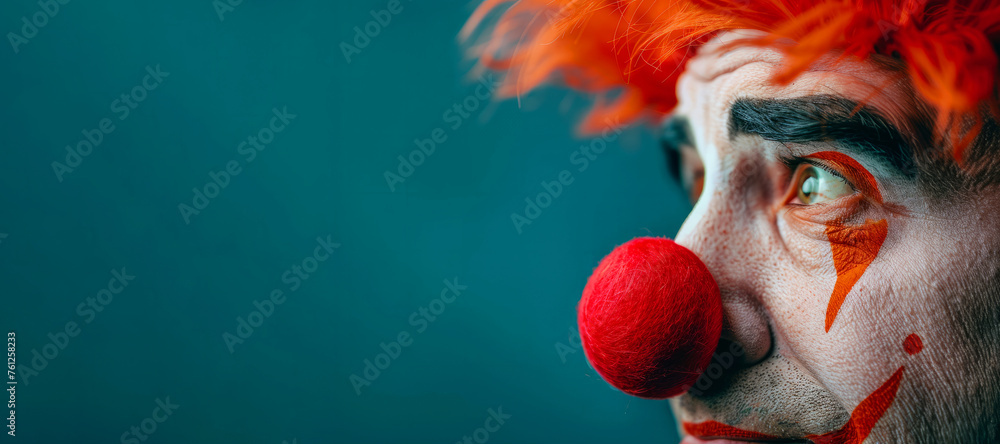 Poster a man with a red nose and red paint on his face. he is looking at the camera with a surprised expres