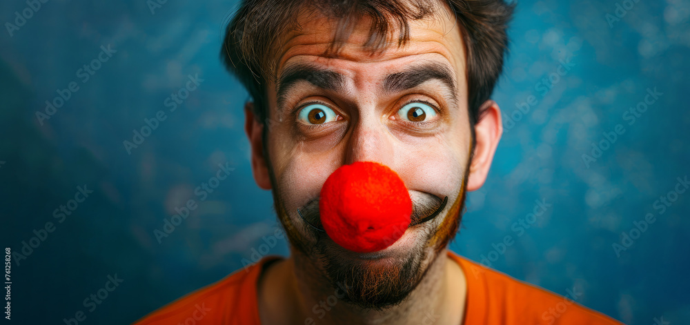 Poster a man with a red nose and red paint on his face. he is looking at the camera with a surprised expres