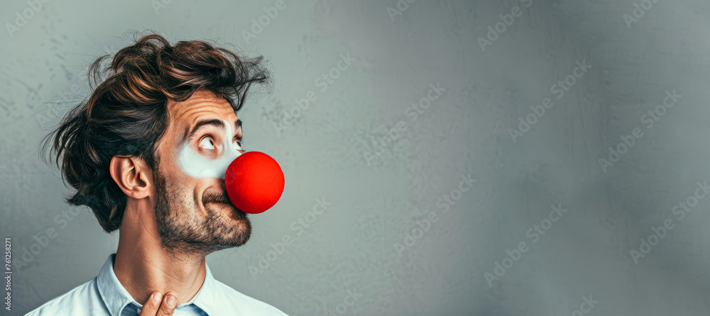 Poster a man with a red nose and red paint on his face. he is looking at the camera with a surprised expres