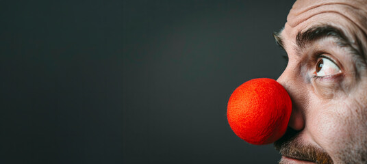 A man with a red nose and red paint on his face. He is looking at the camera with a surprised expression. sportive man hearing a clown nose