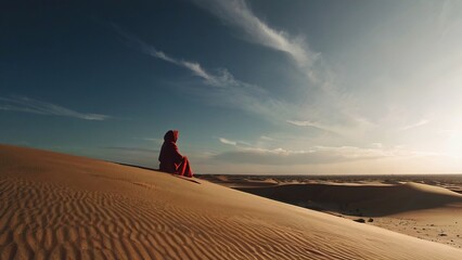 A woman in a red robe sits on a sandy hillside overlooking a desert