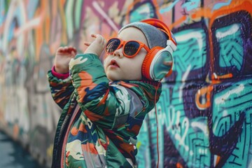 A trendy toddler in sunglasses enjoys music with bright orange headphones against a vibrant...