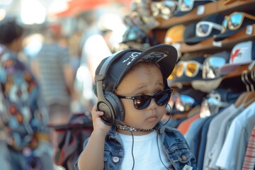 A stylish kid in a baseball cap and sunglasses listens to music with headphones while exploring an outdoor clothing market.