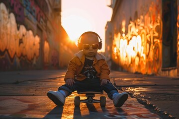 A toddler in cool sunglasses sits on a skateboard, listening to music on headphones, with graffiti...