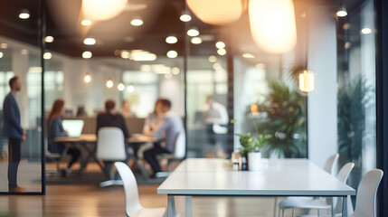 Business office with blurred people. Abstract light bokeh at office interior background for design.
