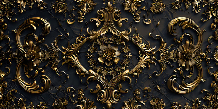 Pattern fantasy book endpaper black and golden decore roses and swirls finely detailed Abstract background features a black and gold baroque pattern with swirling leaves.AI Generative