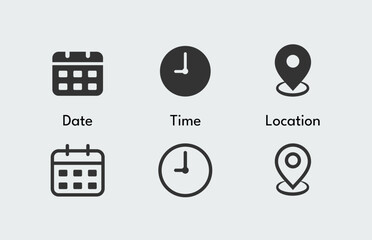 Date, time, location address icon set. Calendar, clock, location, reminder, adress symbols business sign stock illustration