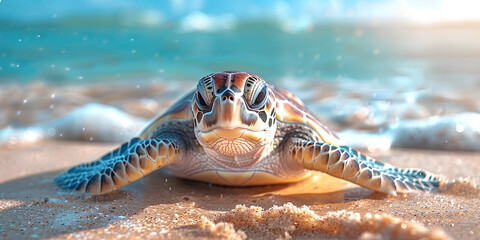 A sea turtle crawls along the beach. - obrazy, fototapety, plakaty