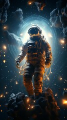 Astronaut Amidst Cosmic Dust and Asteroids