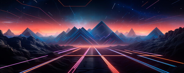 Majestic mountains rise under a sky ablaze with stars, forming a surreal and futuristic landscape. Gamer Background. Virtual reality. Banner. Copy space