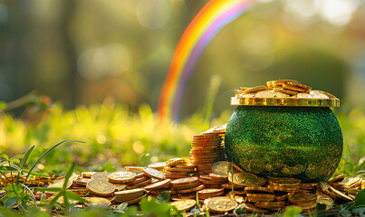 A whimsical scene depicts a pot overflowing with gold coins, nestled beneath a vibrant rainbow signaling the leprechaun's secret treasure - obrazy, fototapety, plakaty