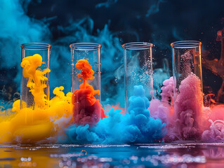Chemistry experiment with colorful solutions in beakers, showcasing the vibrancy and excitement of chemical reactions. - obrazy, fototapety, plakaty