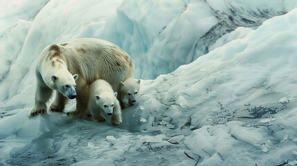 starving skinny Polar Bear mother and two cubs on a melting glacier icy Hudson Bay. extreme Climate change, global warming - obrazy, fototapety, plakaty
