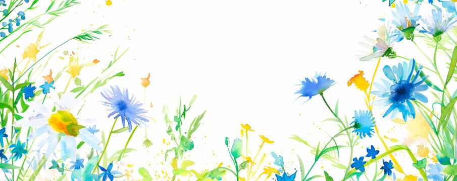 Frame vivid painting featuring delicate blue and yellow flowers dancing gracefully on a clean white background, creating a harmonious and uplifting composition. Banner. Copy space