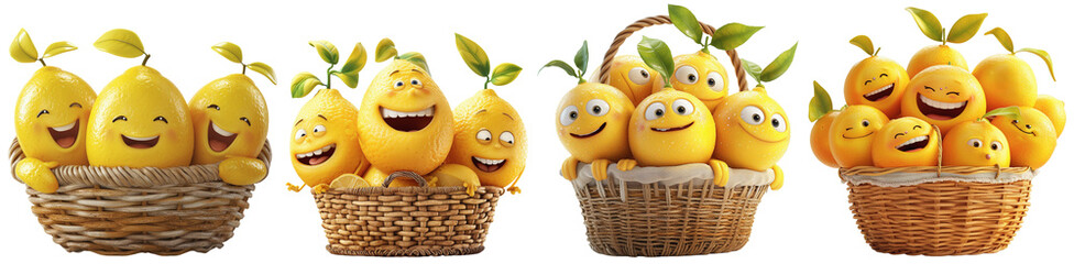 Cartoon illustration of happy lemons in a wicker basket