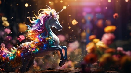 Unicorn, Rainbow Sparkles, Magical creature, frolicking in a mystical forest, under the enchanting glow of a full moon, 3D render, Backlights, Depth of field bokeh effect, Split screen view