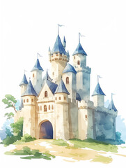 Medieval castle watercolor on white background