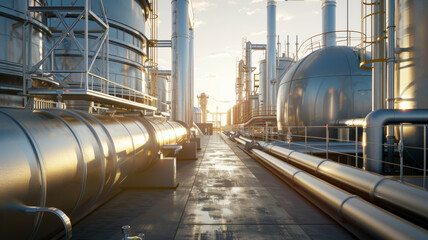 Sunset paints industrial piping and tanks with warm hues.