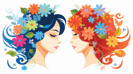 Girl face and head with beautiful flowers on curve hair