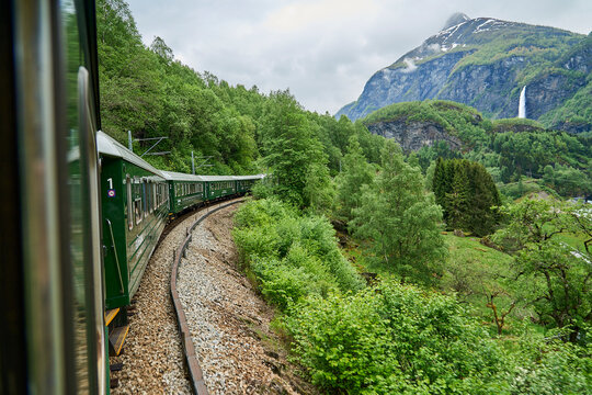 View from the most beautiful train journey with Flamsbana between Flam and Myrdal in Aurland leading through a spectacular valley from sea level into the mountains with motion blur.