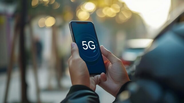 A person is holding a phone with the word 5G on it