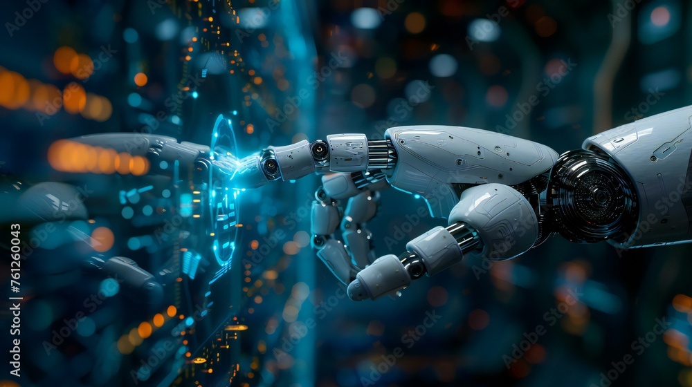 Poster a robot arm is touching a screen with a blue circle. the robot is made of metal and has a metallic l