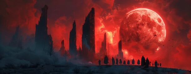 A haunting red moon rises over a dark, foreboding landscape, with mysterious figures moving towards a towering spire.