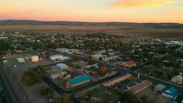 Remote Town Along The Old Highway Of Route 66 Near Seligman, Arizona USA. Aerial Wide Shot
