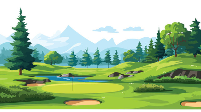 Golf course in summer a day flat vector isolated on