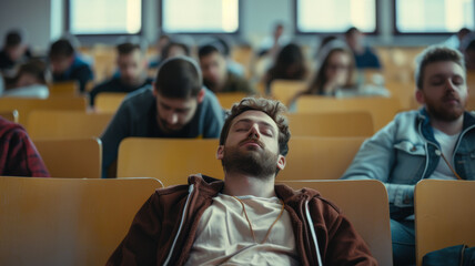 Relaxed student napping in a lecture hall chair amidst a session, epitome of university life.